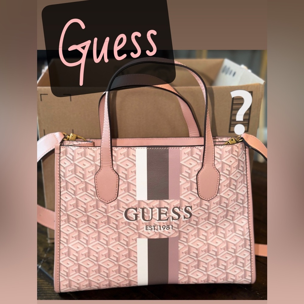 GUESS Pink Logo Stripe Tote with Dual-Tone Center Stripe